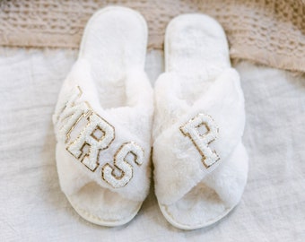 Custom Fuzzy Slippers | Chenille Letter Patch Slippers | White Cross Strap Bride Slippers | Bridesmaids Gifts | Bride Gift | Honeymoon Gift