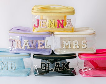 Personalized Clear Nylon Zip Cosmetic Bag | Large Clear Cosmetic Bag with Patches | Chenille Letter Travel Cosmetic Bag | Clear Makeup Bag