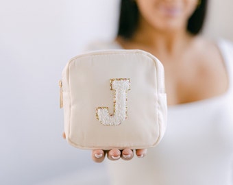 Personalized Nylon Small Cosmetic Bag | Chenille Letter Patch Makeup Bag | Customized Travel Bag | Bridesmaids Gifts | Patch Tote