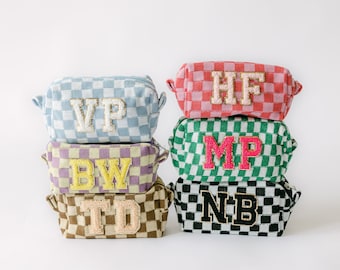 Personalized Chenille Patch Checkered Cosmetic Bag | Custom Patch Make Up Pouch | Checker Makeup Bag | Bridesmaid Gifts | Personalized Gift