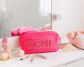 Personalized Nylon LARGE Cosmetic Bag | Chenille Letter Patch Makeup Bag | Custom Travel Gifts | Bridesmaids Gifts | Makeup Lover Gifts