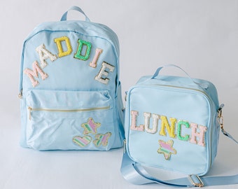 Personalized Nylon Backpack and Lunch Bag | Customizable Chenille Patch Bag | Kid Back to School Bag | Custom Patches Backpack and Lunch Box