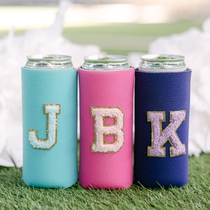 Chenille Patch Slim Drink Sleeve | Custom Slim Can Cooler | Personalized Slim Drink Holder | Bridesmaid Gifts | Personalized Custom Gift