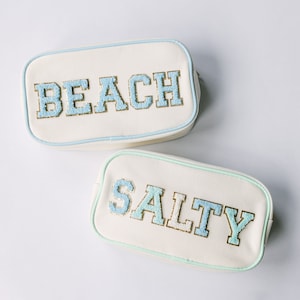 Bolsa cosmética de lona personalizada | Bolsa de maquiagem com remendo de letra de Chenille | Bolsa de viagem personalizada | Presentes para damas de honra | Bolsa com remendo | Bolsa de praia