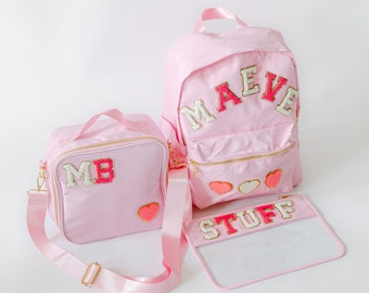 Personalized Nylon Backpack and Lunch Bag and Clear Zip Pouch | Customizable Chenille Patch Bags | Personalized Kid Back to School Bags