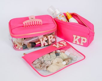 Personalized Nylon Cosmetic and Makeup Bag Set | Travel Makeup and Cosmetic Bag Gift Set | Chenille Patch Makeup Bag | Travel Gifts