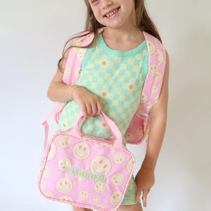 Personalized Retro Smiley Face Backpack and Lunch Box Set | Embroidered Name Backpack | Kid Back to School Bag | Custom Backpack & Lunch Box