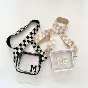 Personalized Clear Crossbody Bag | Checkered Bag | Checkerboard Strap | Clear Stadium Bag | Concert Purse | Chenille Letters Patches