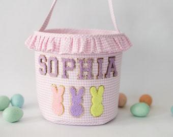 Custom Name Easter Basket | Personalized Kids Easter Basket | Easter Bunny Chenille Patch Bag | Customizable Chenille Patch Bag