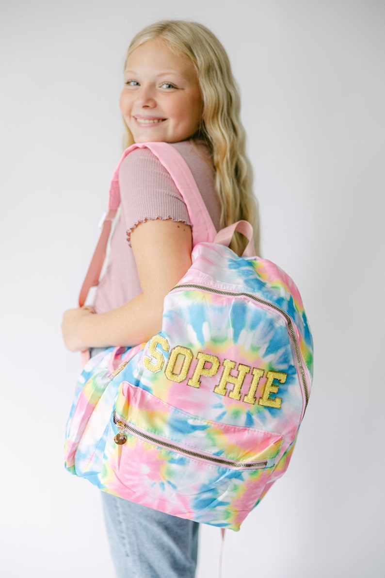 Personalized Tie Dye Backpack Customizable Chenille Patch Bag Kid Backpack Back to School Bag Personalized Gift Custom Patches Bag image 1