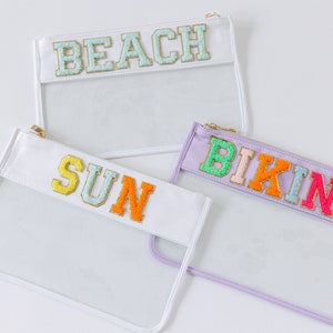 Personalized Clear Nylon Zip Pouch | Vacation Pouch with Patches | Chenille Letter Pouch | SPF Bag | Clear Travel Bag | Clear Beach Bag