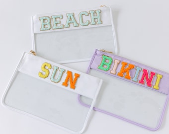 Personalized Clear Nylon Zip Pouch | Vacation Pouch with Patches | Chenille Letter Pouch | SPF Bag | Clear Travel Bag | Clear Beach Bag