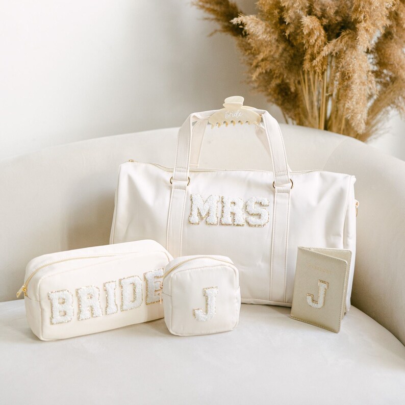 Personalized Bridal Bundle Bag Set | Bride Gift | Honeymoon Travel Set | Custom Bride Duffle Bag | Mrs Chenille Patches Bag