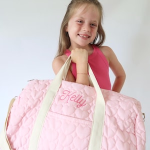 Personalized Embroidered Duffle Bag | Custom Pink Quilted Heart Duffle Bag | Embroidered Pink Kids Weekend Bag | Weekender Bag | Travel Gift
