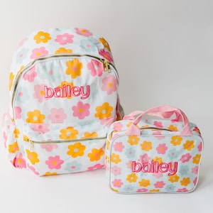 Personalized Retro Flower Backpack and Lunch Box Set | Embroidered Name Backpack | Kid Back to School Bag | Custom Backpack and Lunch Box
