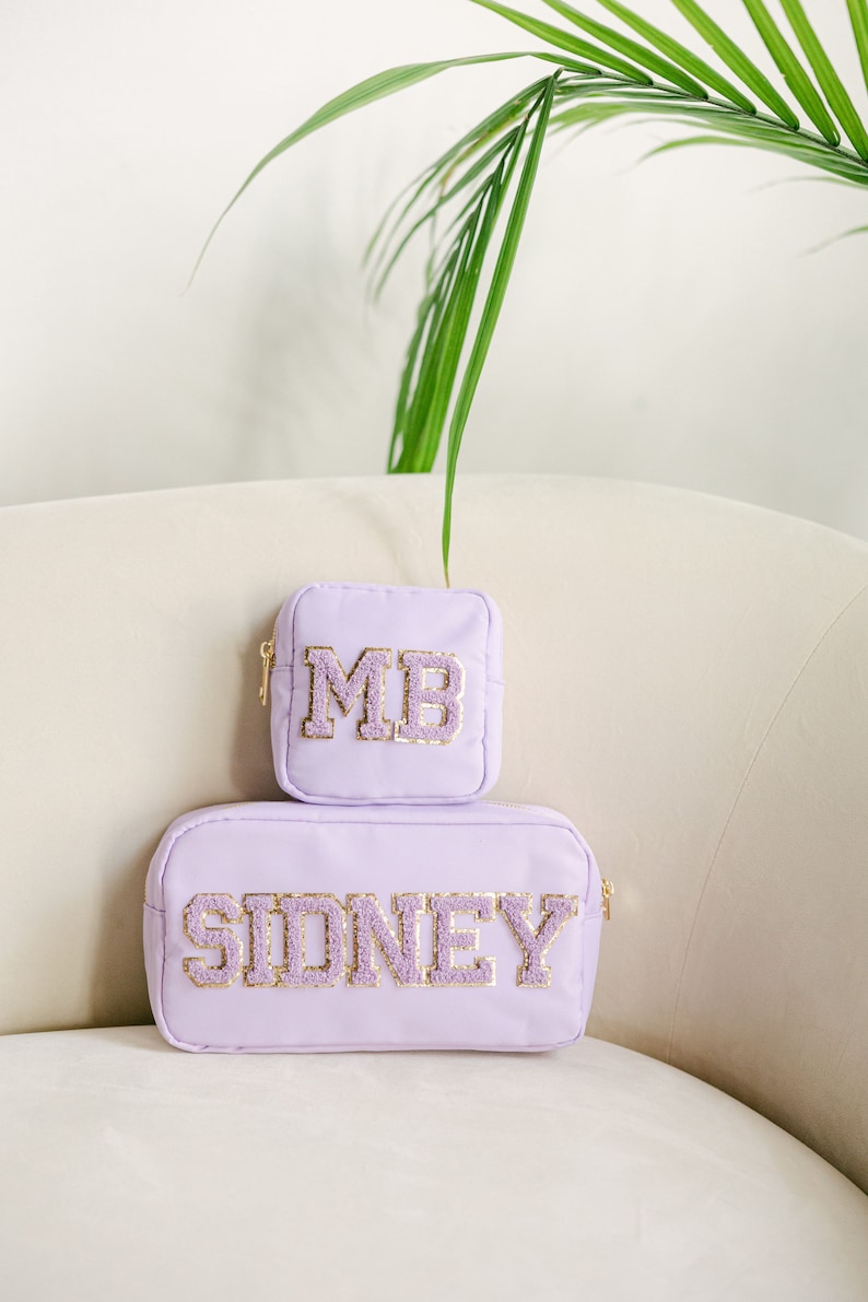 Personalized Nylon LARGE Cosmetic Bag Chenille Letter Patch Makeup Bag Customized Travel Bag Bridesmaids Gifts Patch Tote image 2