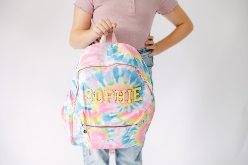 Personalized Tie Dye Backpack Customizable Chenille Patch Bag Kid Backpack Back to School Bag Personalized Gift Custom Patches Bag image 4