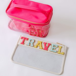 Personalized Clear Nylon Zip Cosmetic Bag Large Clear Cosmetic Bag with Patches Chenille Letter Travel Cosmetic Bag Clear Makeup Bag image 4