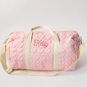 Personalized Embroidered Duffle Bag | Custom Pink Quilted Heart Duffle Bag | Embroidered Pink Kids Weekend Bag | Weekender Bag | Travel Gift