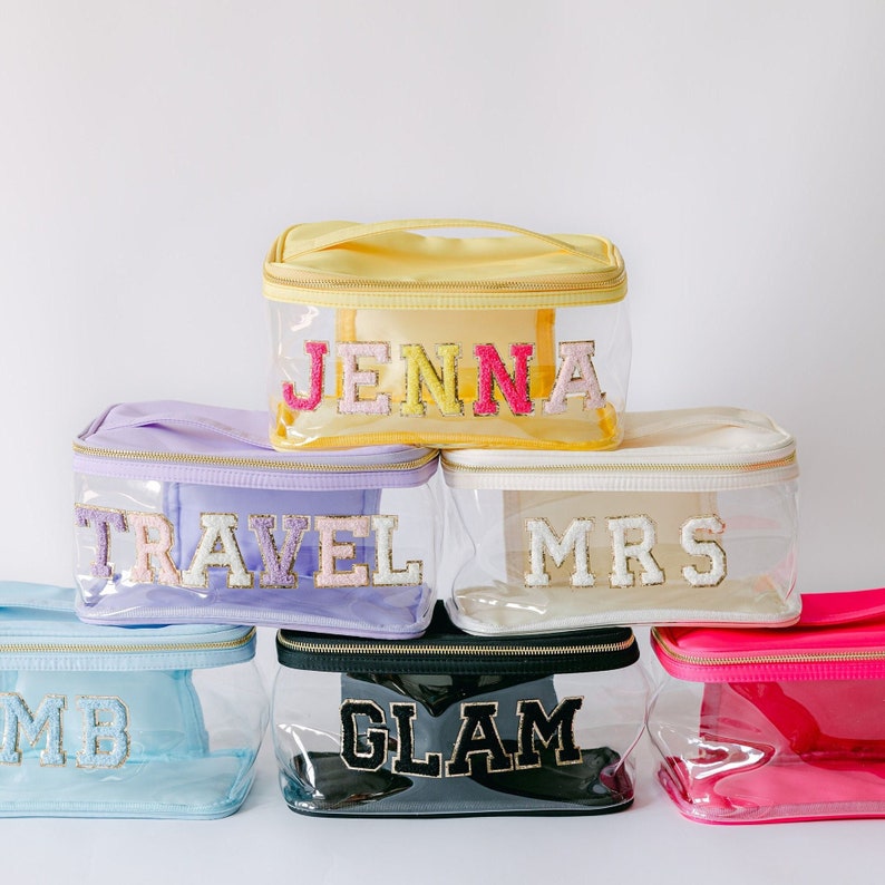 Personalized Clear Nylon Zip Cosmetic Bag Large Clear Cosmetic Bag with Patches Chenille Letter Travel Cosmetic Bag Clear Makeup Bag image 1