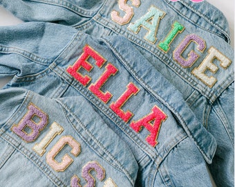 Girls Chenille Sewn On Patch Jean Jacket | Chenille Name Patch Denim Jacket | Toddler Girls Custom Jean Jacket | Personalized Baby Jacket