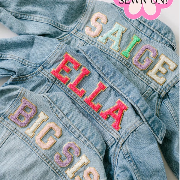 Girls Chenille Sewn On Patch Jean Jacket | Chenille Name Patch Denim Jacket | Toddler Girls Custom Jean Jacket | Personalized Baby Jacket