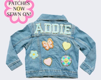 Girls Chenille Sewn On Patch Jean Jacket | Chenille Name Patch Denim Jacket | Toddler Girls Custom Jean Jacket | Personalized Baby Jacket