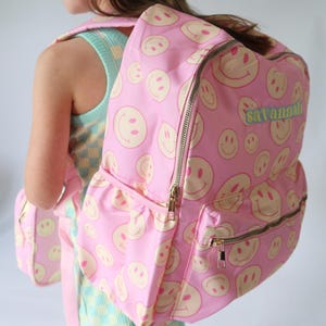 Personalized Retro Smiley Face Backpack and Lunch Box Set | Embroidered Name Backpack | Kid Back to School Bag | Custom Backpack & Lunch Box