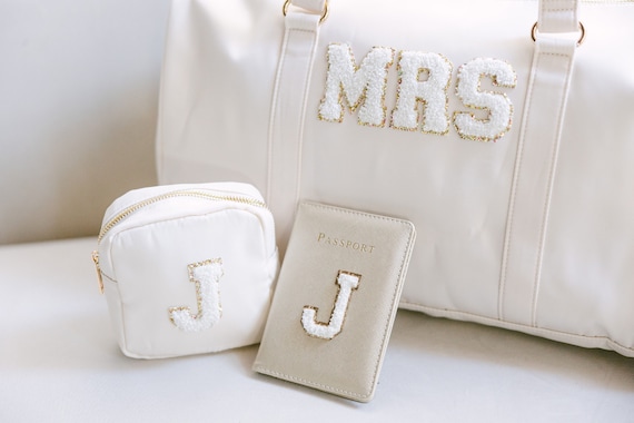 Personalized Bridal Bundle Bag Set Bride Gift Honeymoon Travel Set Custom Bride Duffle Bag Mrs Chenille Patches Bag
