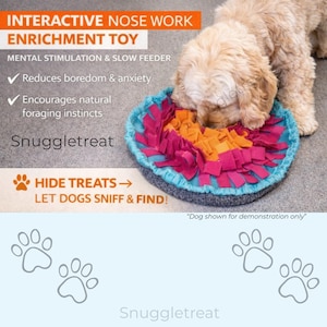 Könnte beinhalten: Ein interaktives Hundespielzeug mit dem Text "INTERACTIVE NOSE WORK ENRICHMENT TOY". Das Spielzeug ist eine runde Matte mit rosa, orangefarbenen und blauen Abschnitten. Ein Hund wird bei der Benutzung des Spielzeugs gezeigt. Der Text "Snuggletreat" ist ebenfalls sichtbar.