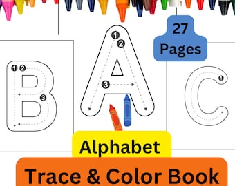 Peut inclure: Un livre d'alphabet à tracer et à colorier en noir et blanc avec 27 pages. La couverture présente les lettres B, A et C avec des lignes numérotées à tracer. Des crayons de couleur sont représentés sous les lettres.