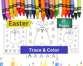 May include: A set of 27 printable Easter coloring pages featuring bunny rabbits and letters. The pages include tracing lines for letter practice. The title of the set is "Easter Trace & Color".