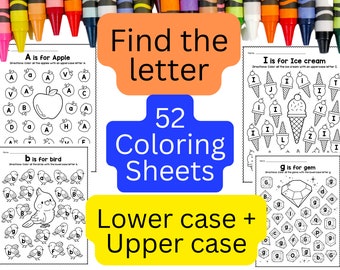 May include: A set of 52 printable coloring sheets featuring uppercase and lowercase letters of the alphabet. Each sheet has a different letter and a picture to color. The sheets are titled "Find the letter" and include the phrase "Lower case + Upper case".