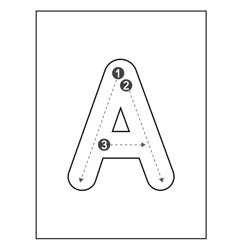 May include: A black and white printable worksheet with dotted lines showing how to trace the letter A. The numbers 1, 2, and 3 are next to the dots.