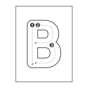 May include: A black and white printable worksheet with a dotted line tracing guide for the letter B. The letter B is outlined with a dashed line and numbered 1, 2, and 3 to show the order of tracing.