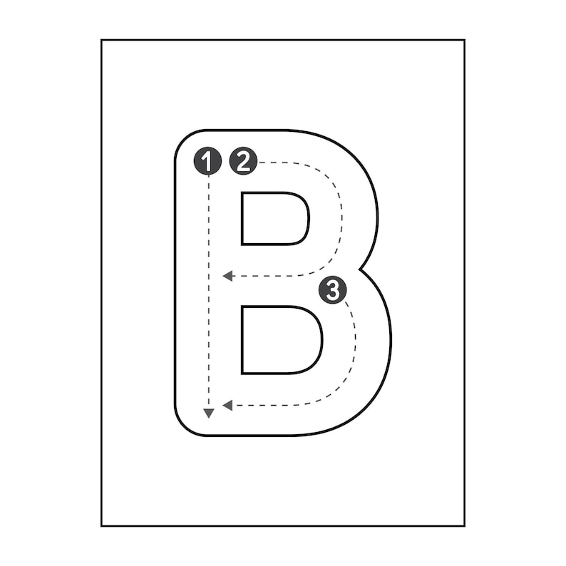May include: A black and white printable worksheet with a dotted line tracing guide for the letter B. The letter B is outlined with a dashed line and numbered 1, 2, and 3 to show the order of tracing.
