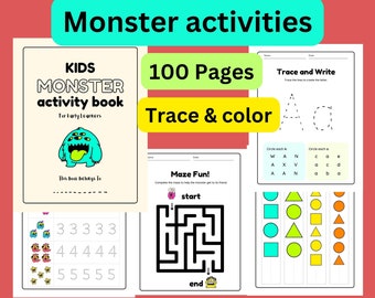 May include: A colorful activity book for early learners featuring a monster with multiple eyes and a tongue sticking out. The book has 100 pages and includes activities like tracing, coloring, and mazes. The cover also includes the text "Kids Monster Activity Book".