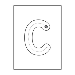 May include: A black and white printable worksheet for learning to write the letter C. The letter C is outlined with a dashed line and numbered 1 to show the order of strokes.
