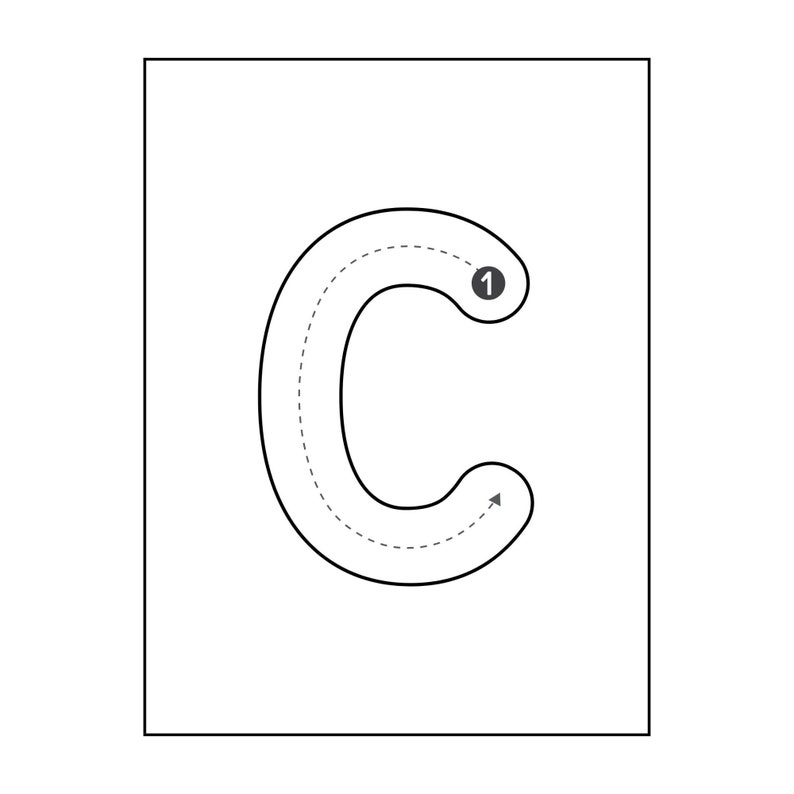 May include: A black and white printable worksheet for learning to write the letter C. The letter C is outlined with a dashed line and numbered 1 to show the order of strokes.
