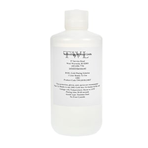 May include: A clear plastic bottle of 24 karat gold plating solution. The bottle is labeled with the company name "TWL" and the product name "BIRL Gold Plating Solution". The bottle is 1 liter and ready to use. The product code is TWLBIRL24KT.
