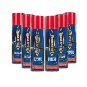 May include: Six blue and red cans of Blazer Butane fuel for lighters. Each can has the text "Near Zero Impurities" and "Butane" printed on it.