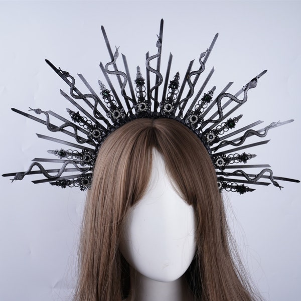 Medusa Headpiece Snake Silver Black Halo Crown Unique Sun Ray Headpiece Festival Black Halloween Halo Headbands Spiked Tiara Witch Jewelry