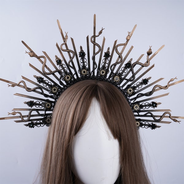 Black Halo Crown Medusa Snake Headpiece Gold Black Headband Witch Costume Unique Head Piece Halo Headpiece Black Headbands Dark Elven Tiara