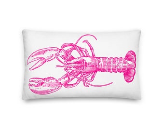 Pink Lobster Lumbar Pillow, Coastal Preppy Decor