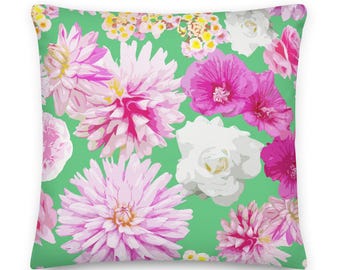 Floral Garden Throw Pillow - Spring Green Linen-Feel coastal Preppy Decor