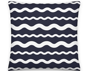 Navy Blue Ric Rac Stripe Throw Pillow Coastal Preppy | Happy Colorful Beach House Decor | Scalloped Edge Pillow | New England Summer Pillow