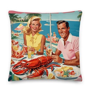 Palm Beach Lobster Luncheon Throw Pillow: Coastal Preppy Decor