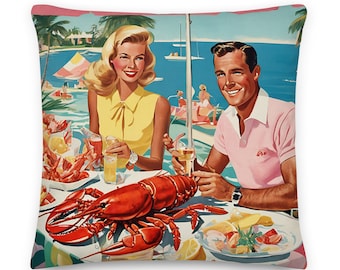 Palm Beach Lobster Luncheon Throw Pillow: Coastal Preppy Decor