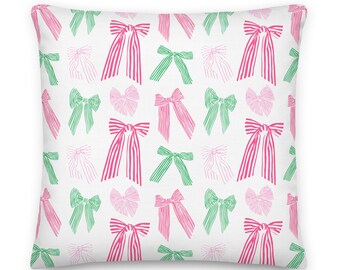 Pink & Green Bows Throw Pillow, Preppy Coastal Decor
