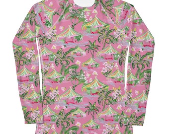 Palm Beach Tiki Hut Coastal Preppy Women's Rash Guard UPF 50+